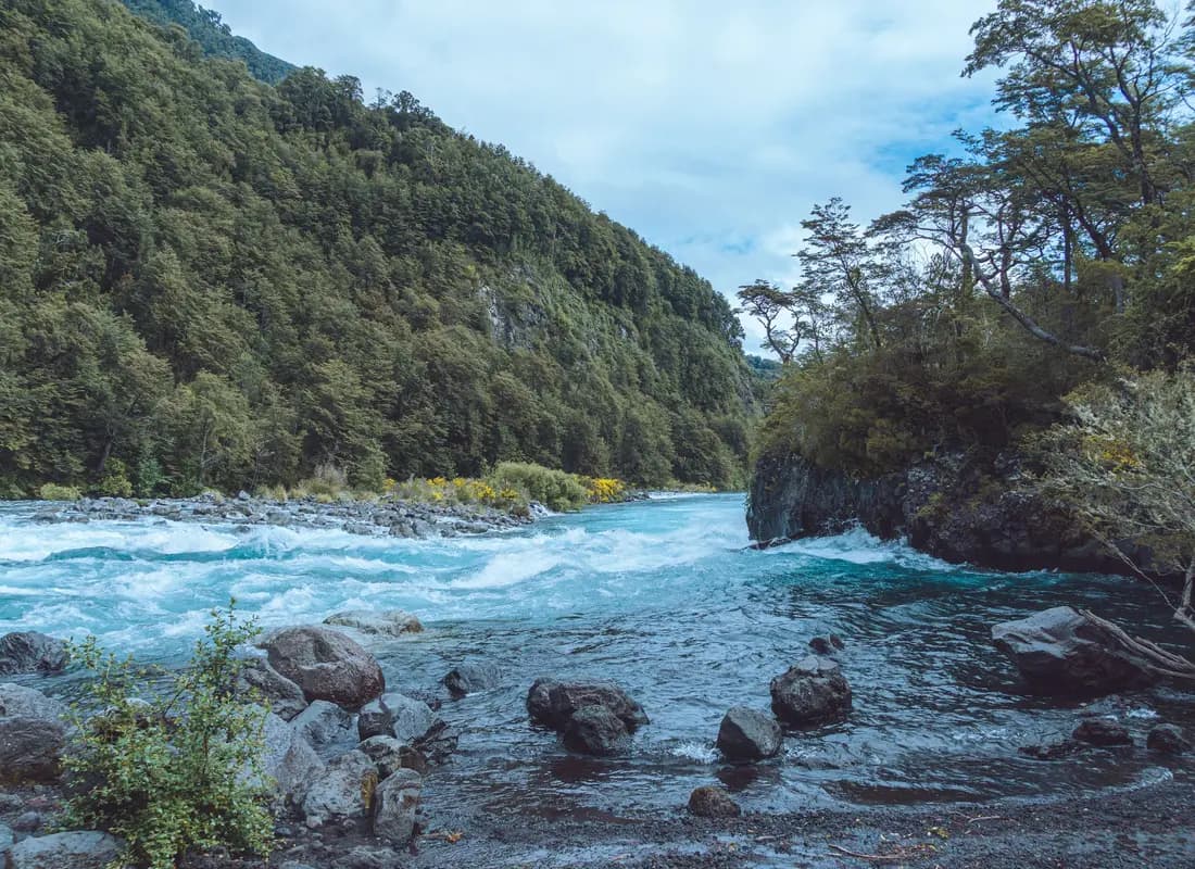Río de aguas turquesa que baja entre rocas y bosque nativo en la Región de Los Lagos, Chile