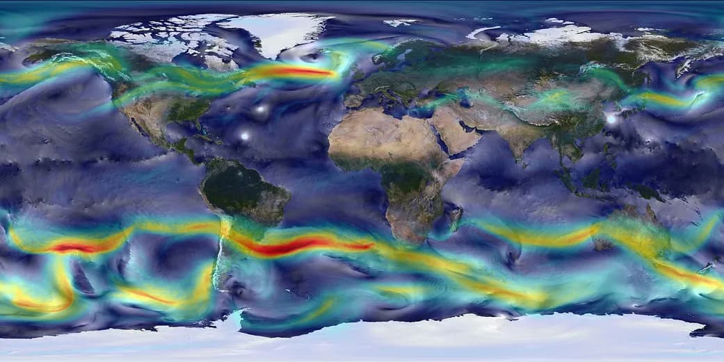 Vientos globales simulados por el modelo atmosférico GEOS-5 de la NASA, con las corrientes en chorro sobre Sudamérica